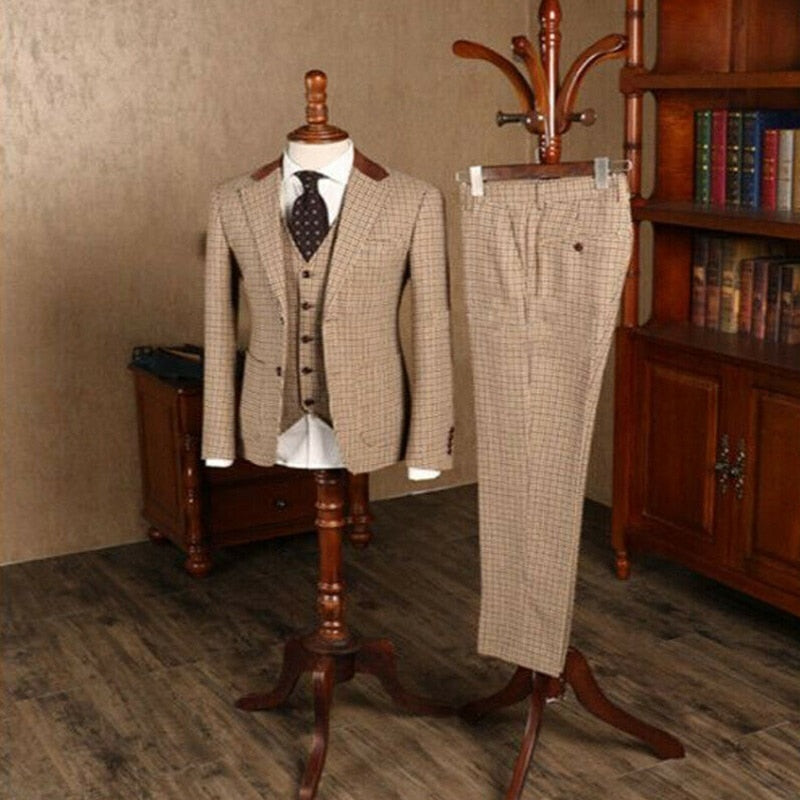 Brown Classic Plaid Tweed Suit for Men Slim fit Groom Wedding Tuxedo Blazer Male Formal Business Jacket Vest Pants 3 Piece