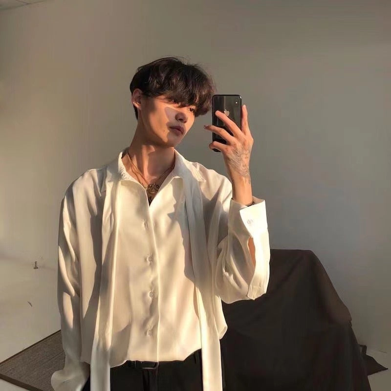 sanyamk Four Seasons Korean Men's Loose Retro Chiffon Fabric Bow Tie Shirt Men's Long Sleeve Nice Clothes Shirts White/black Color Coats