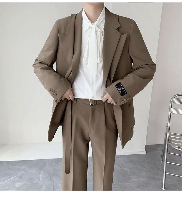 sanyamk Double Collar Design Suits Sets Men Fashion Show Korean Office Business Casual Suits Blazer Jacket Pant Streetwear Suits Man