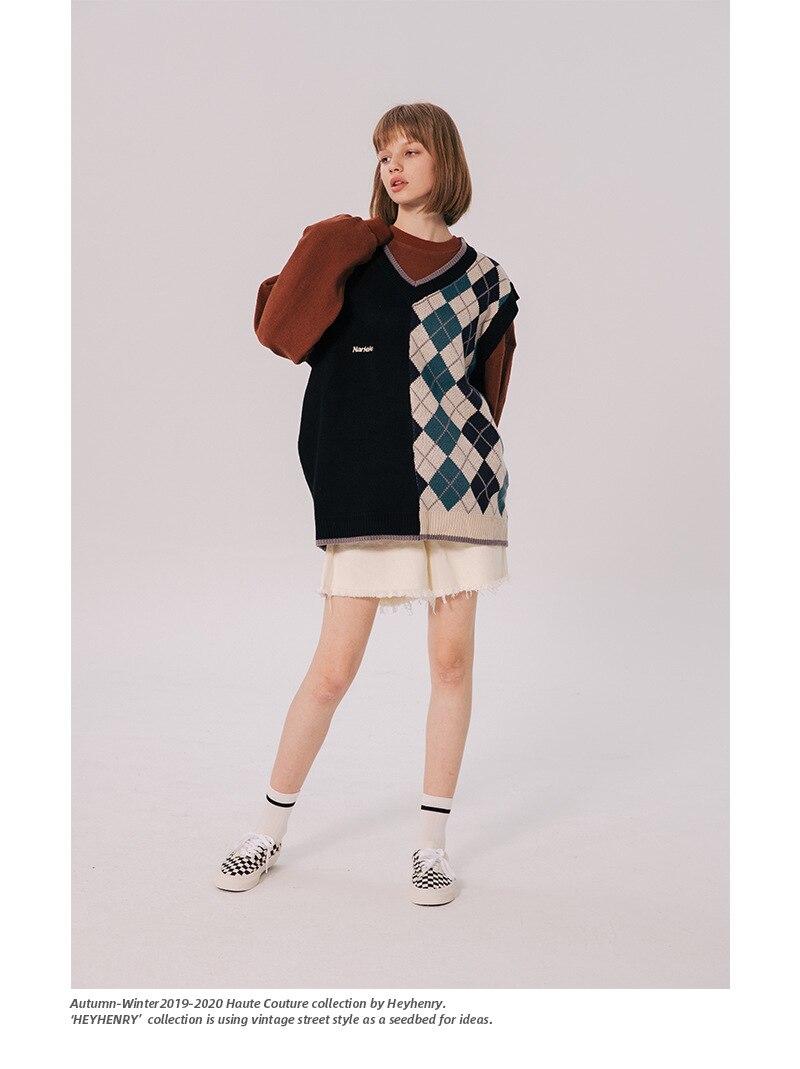 Bonsir Japanese Loose Couple Patchwork Argyle Sweater Vest Men's New Autumn Fashion Harajuku Letter Embroidery Man Pullover Vest