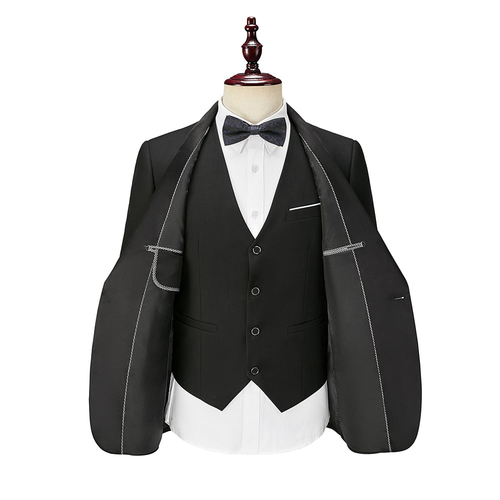 sanyamk 3 Piece Boyfriend Men Suits for Slim Fit Wedding Tuxedos Black Formal Groom Jacket Pants Vest Ready in Stock