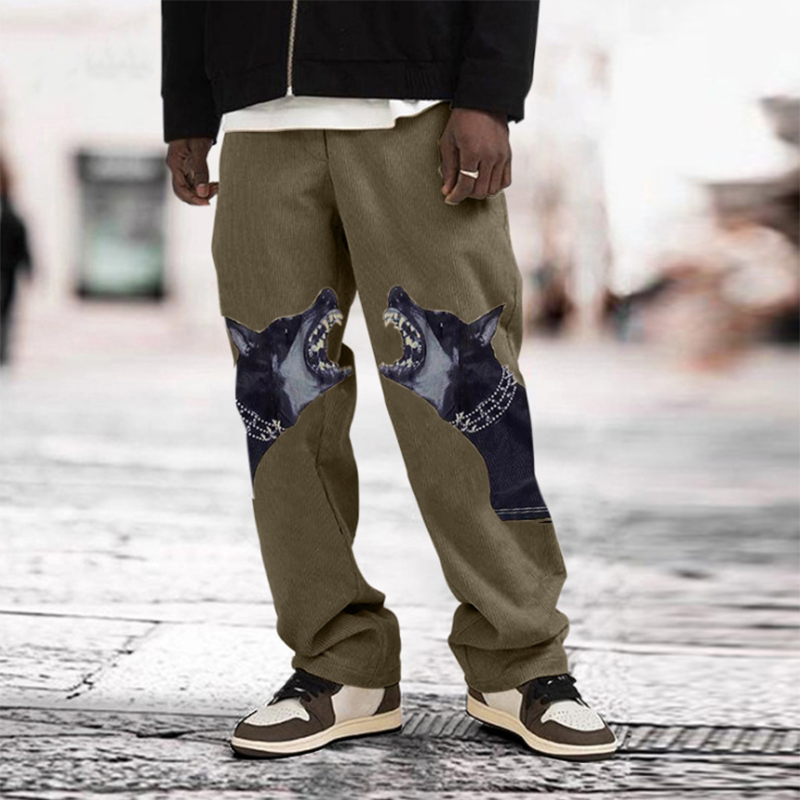 Bonsir Dog Print Man Loose Straight Oversize Pants Male Streetwear Hip Hop Long Trousers Fashion Elastic Waist New Arrived Pants