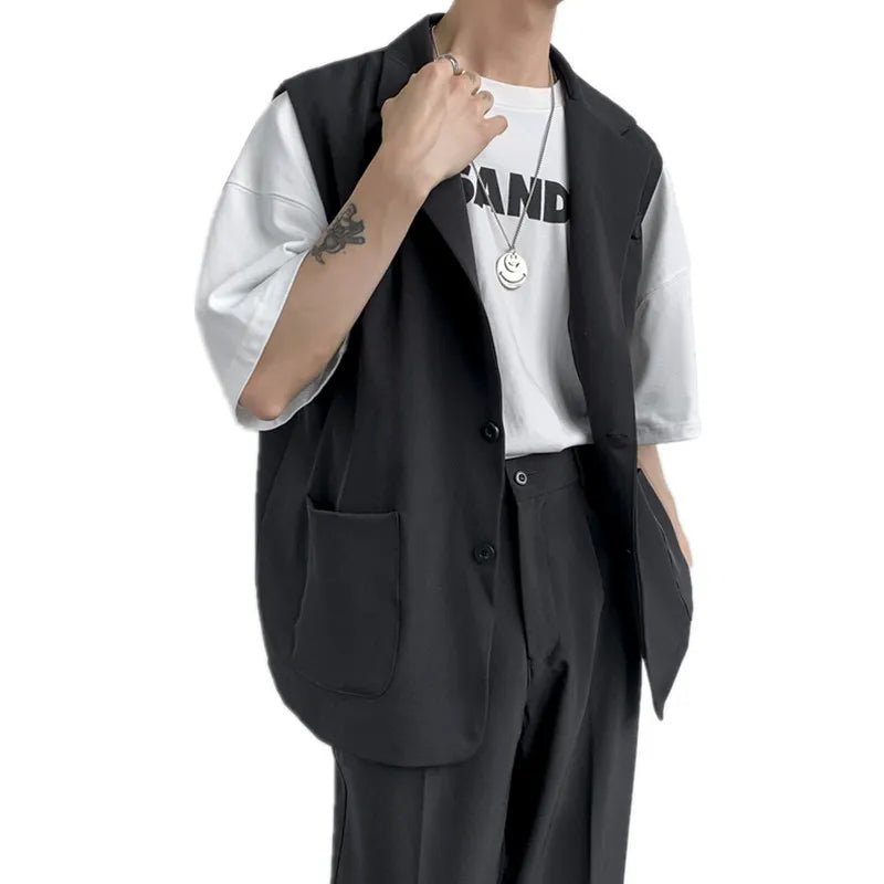 sanyamk - Korean fashion versatile men's loose suit collar vest hairdresser clothing BF style youth casual coat trend