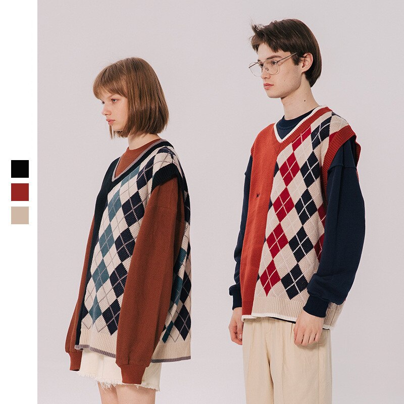 Bonsir Japanese Loose Couple Patchwork Argyle Sweater Vest Men's New Autumn Fashion Harajuku Letter Embroidery Man Pullover Vest