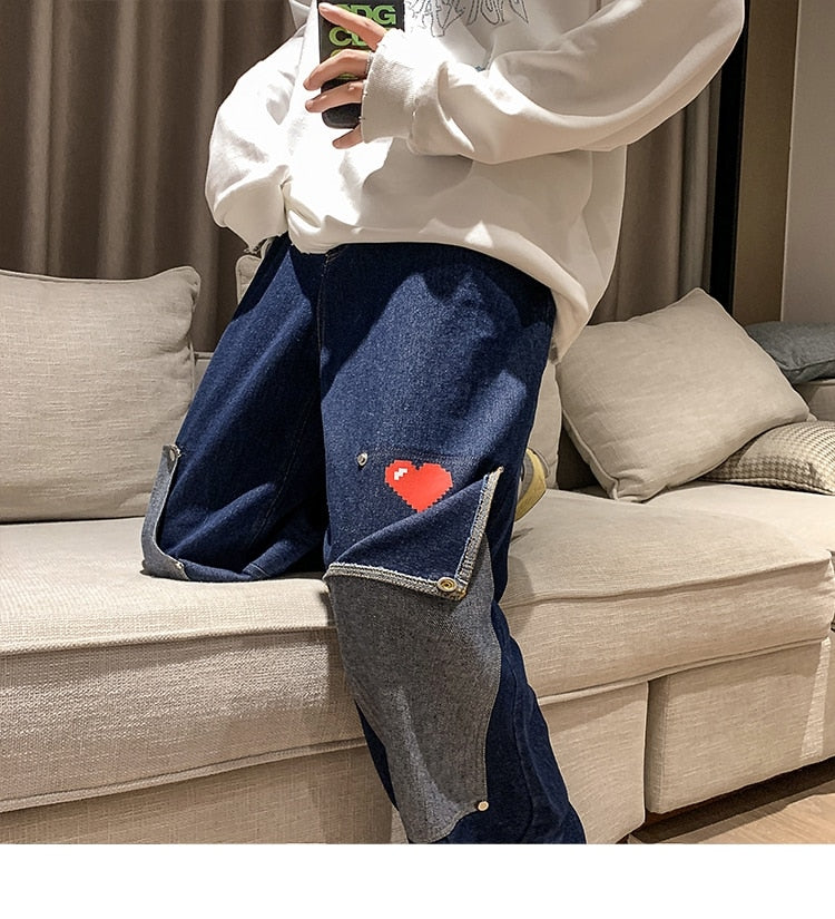 sanyamk Men Jeans Hip Hop Patchwork Oversized Straight Jean Pants Mens Red Heart Print jeans Top Quality Streetwear Denim Pants