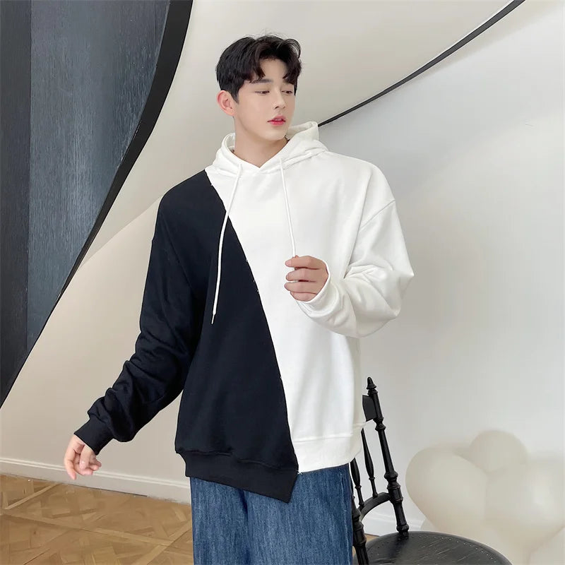 sanyamk Autumn men's black and white contrast color Pullover Hooded Sweater Korean youth high street hip hop loose casual coat trend