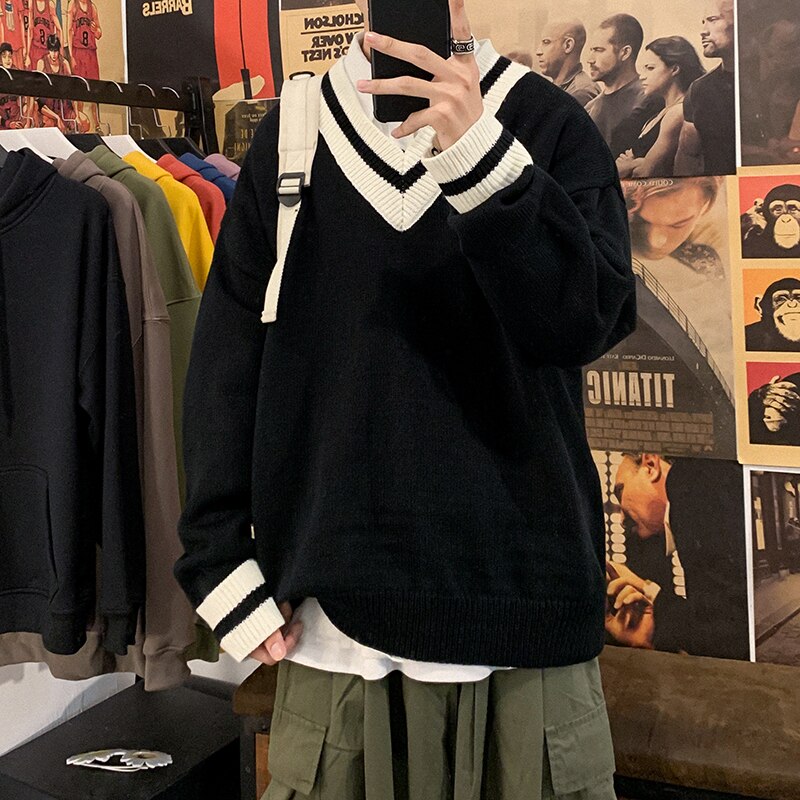 sanyamk Oversized Sweater Men New V-neck Harajuku Patchwork Color Knitted Sweater Pullover Hip Hop Streetwear Loose Knitwear Tops