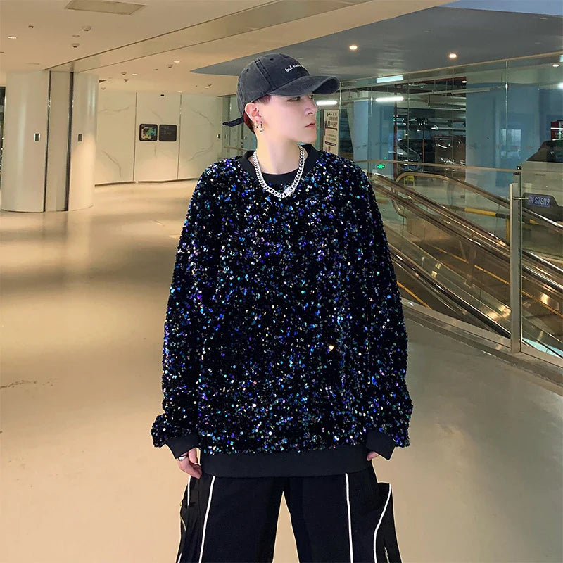 sanyamk - Twinkling Colors Sequins Men's Hoodies Sweatshirts Reflective Hip-Hop Pullovers Singer Stage Streetwear Christmas Party Tops
