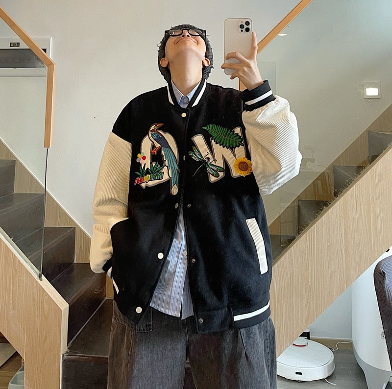 sanyamk Rocking k spring and autumn baseball suit men's and women's fashion brand loose embroidery corduroy splicing jacket streetwear
