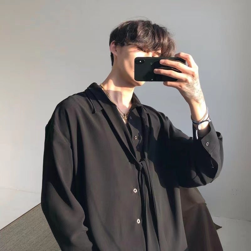 sanyamk Four Seasons Korean Men's Loose Retro Chiffon Fabric Bow Tie Shirt Men's Long Sleeve Nice Clothes Shirts White/black Color Coats