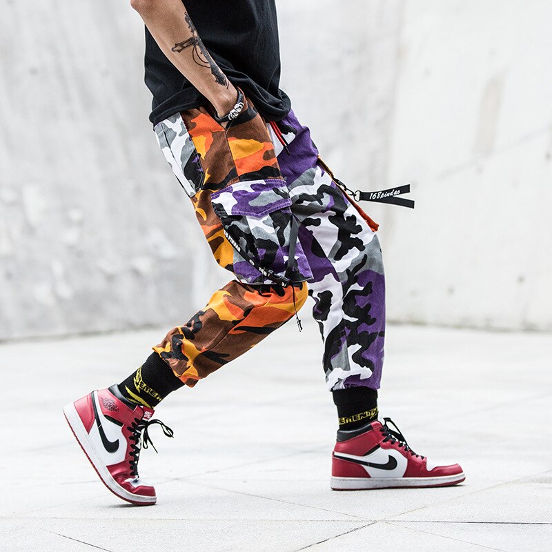 sanyamk Multiple Pockets Camouflage Patch Cotton Men Hip Hop Cargo Pants Joggers Casual Drawstring Pencil Trousers Spodnie Dresowe