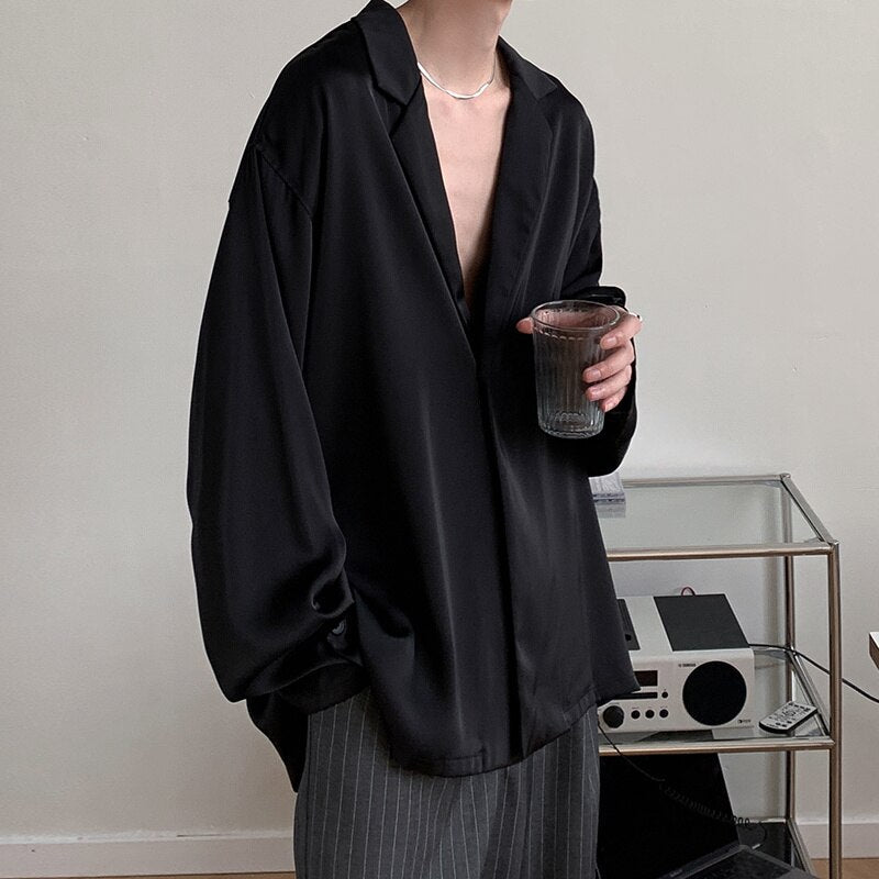 sanyamk Autumn Black White Silk Blazer Men's Fashion Business Society Mens Suit Jacket Korean Loose Casual Dress Jacket Men M-XL