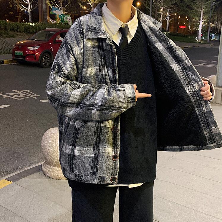 Bonsir Winter Woolen Coat Men Warm Overcoat Fashion Retro Hit Color Tartan Woolen Jacket Men Streetwear Loose Short Woolen Jacket Man