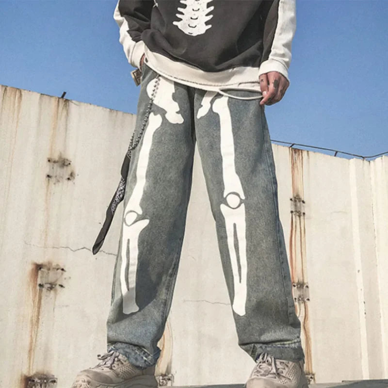 sanyamk Men Jeans Skeleton Oversized Straight jeans Black Pants Denim Mens Streetwear Hip Hop Harem Pants High Wasit Denim Pants