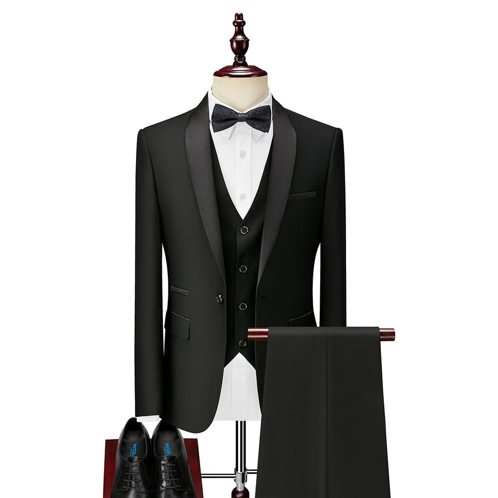 sanyamk 3 Piece Boyfriend Men Suits for Slim Fit Wedding Tuxedos Black Formal Groom Jacket Pants Vest Ready in Stock