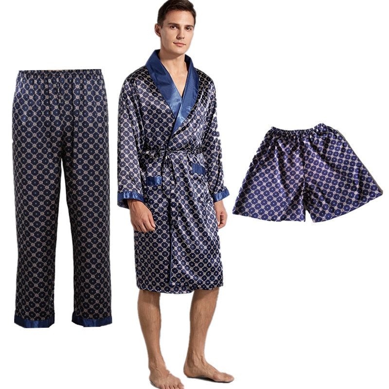 sanyamk 3 PCS Robe Pants Pajama Set 4XL 3XL Men Bathrobe Shorts Suit Silk Sleepwear for Men Kimono Home Soft Cozy Long-sleeved Bath Gown