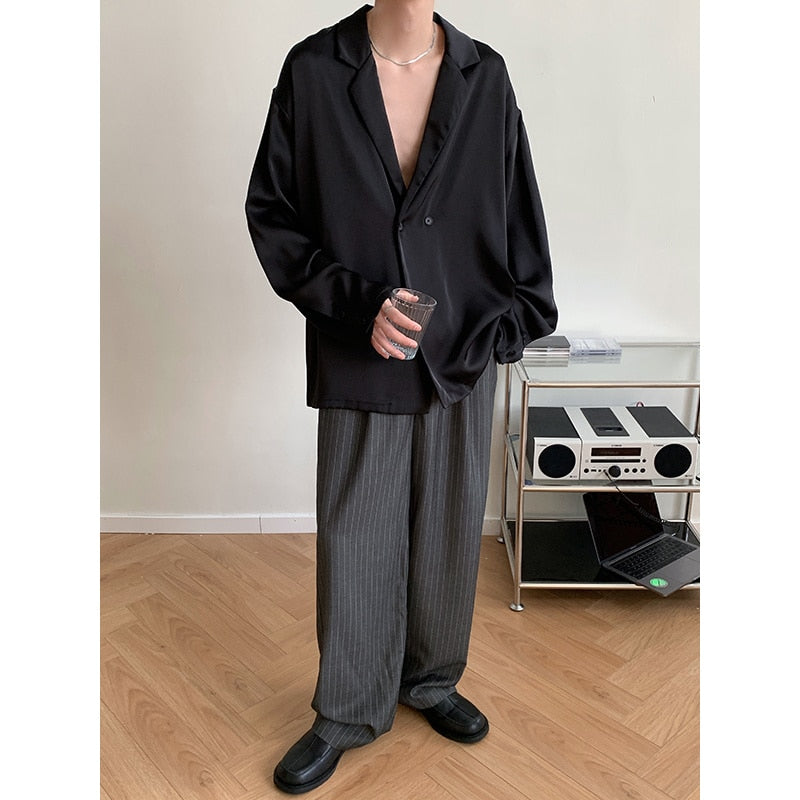 sanyamk Autumn Black White Silk Blazer Men's Fashion Business Society Mens Suit Jacket Korean Loose Casual Dress Jacket Men M-XL
