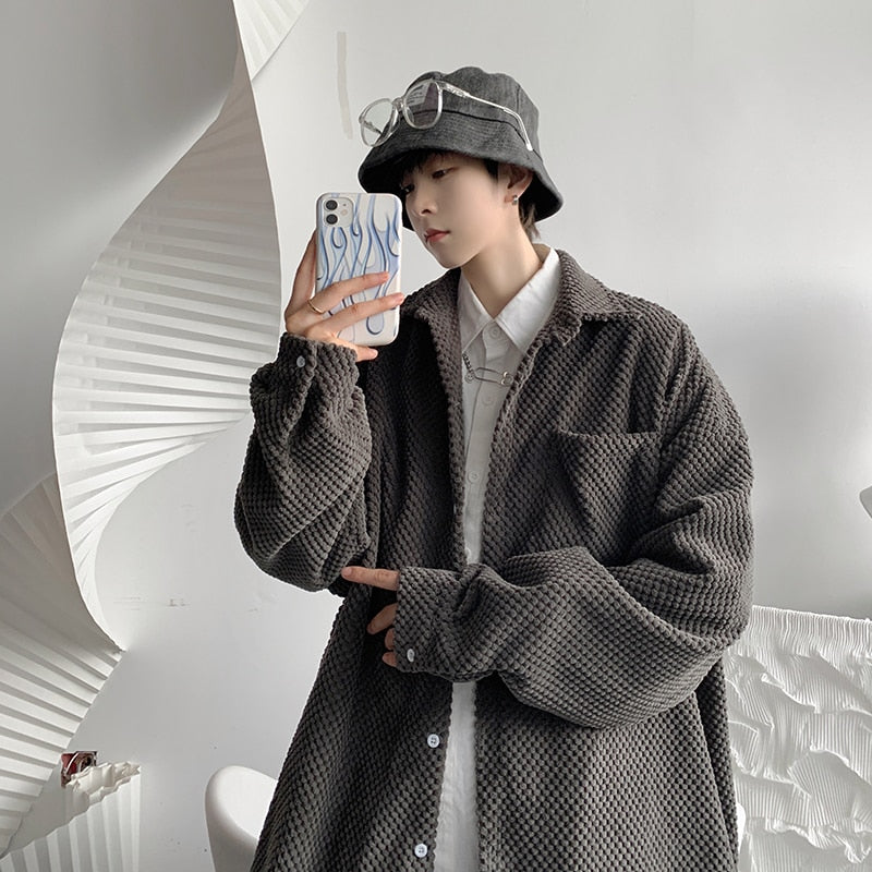 Bonsir Autumn Corduroy Men Shirt Solid Color Man Streetwear Loose Long-sleeved Shirts