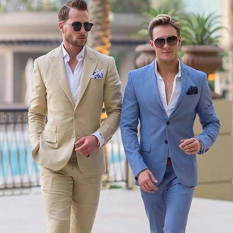 sanyamk Ivory Linen Men Suits for Beach Wedding Groom Tuxedos Notched Lapel Terno Two Pieces Groomsmen Wear Slim Fit Men Suits
