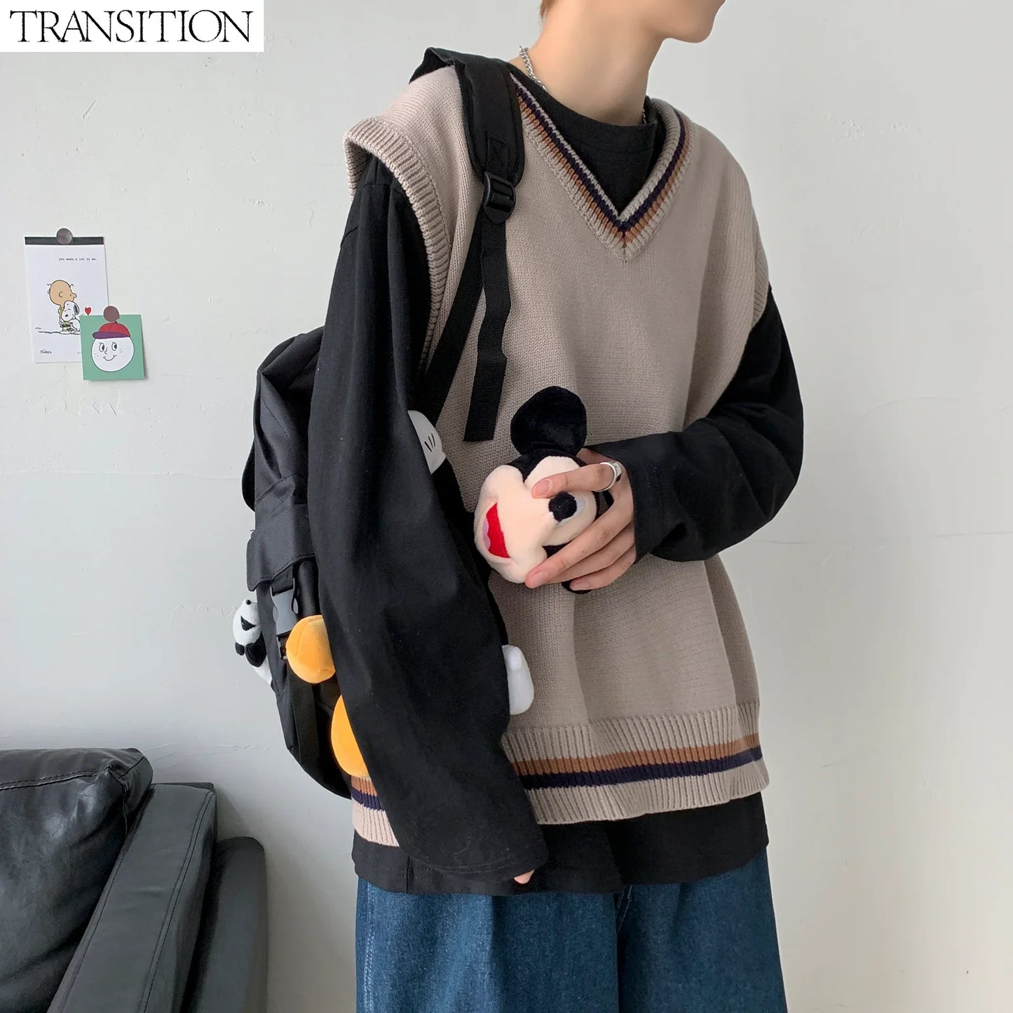 Bonsir - men's autumn and winter Hong Kong style knitted cardigan V-neck sweater vest vest couple JKDK college style uniform