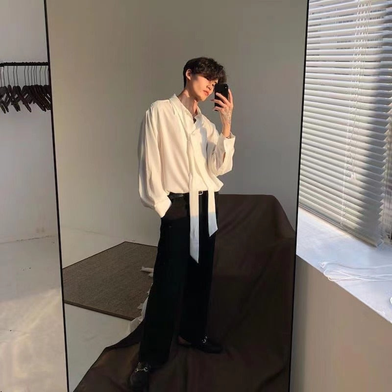 sanyamk Four Seasons Korean Men's Loose Retro Chiffon Fabric Bow Tie Shirt Men's Long Sleeve Nice Clothes Shirts White/black Color Coats