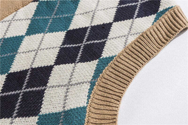 Bonsir Japanese Loose Couple Patchwork Argyle Sweater Vest Men's New Autumn Fashion Harajuku Letter Embroidery Man Pullover Vest