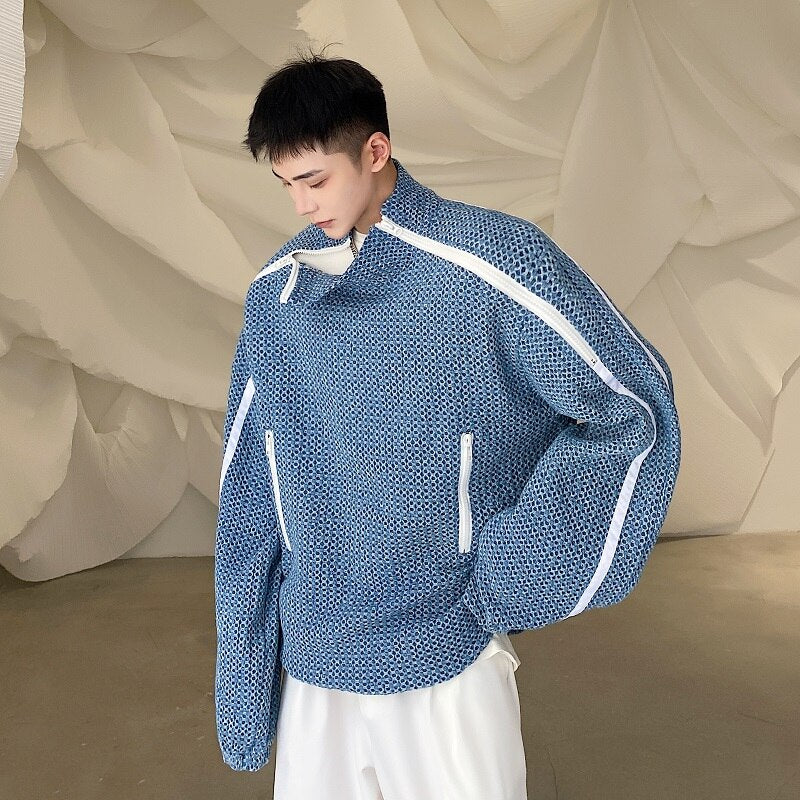 sanyamk Men Denim Stand Collar Double Zipper Loose Pullover Sweatshirt Jacket Man Trend Fashion Streetwear Oversize Sweatshirts Coat Top