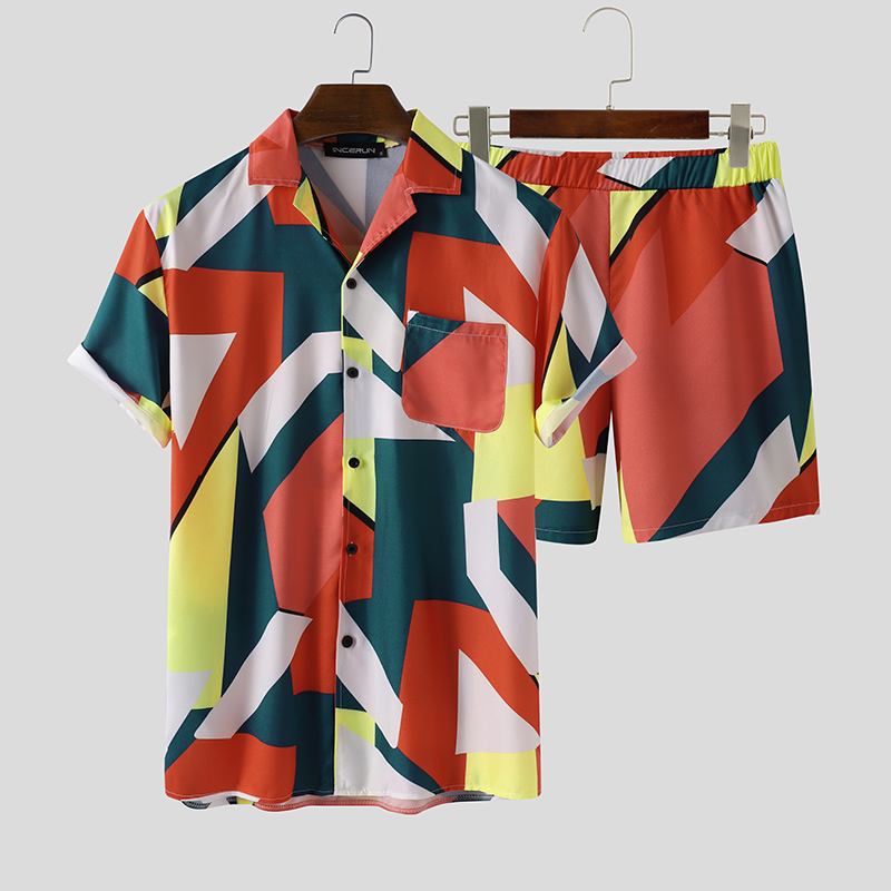 sanyamk trendy mens fashion mens summer outfits dope outfits mens street style mens spring fashion aesthetic outfits Printed Men Sets Streetwear Short Sleeve Lapel Shirt Casual Short Fashion Beach Men Hawaiian Suit 2 Pieces INCERUN 7