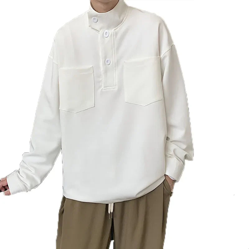 BONSIR - Small high neck Pullover Sweater men's autumn new pocket decoration Korean trendy men's loose coat youth top