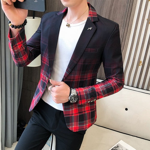 sanyamk Spring Men's Plaid Blazer Fashion Business Casual Men's Slim Suit Jacket Large Size Casual Banquet Wedding Party Club Dress