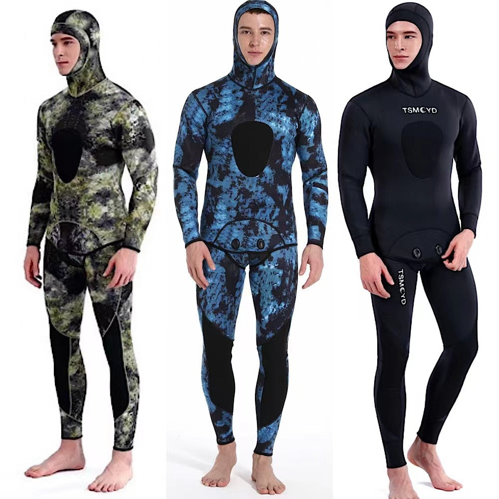 HOT 3mm Camouflage Wetsuit Long Sleeve Fission Hooded 2 Pieces Of Neoprene Submersible For Men Keep Warm Waterproof Diving Suit