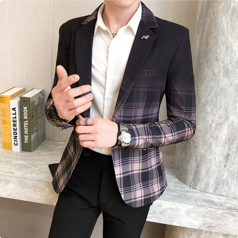 sanyamk Spring Men's Plaid Blazer Fashion Business Casual Men's Slim Suit Jacket Large Size Casual Banquet Wedding Party Club Dress