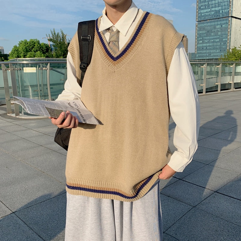 sanyamk Korean Clothes Sleeveless V-neck Knitted Vest Sweater Male Harajuku Khaki Japanese Couple Vintage Pullover Sweater for Men