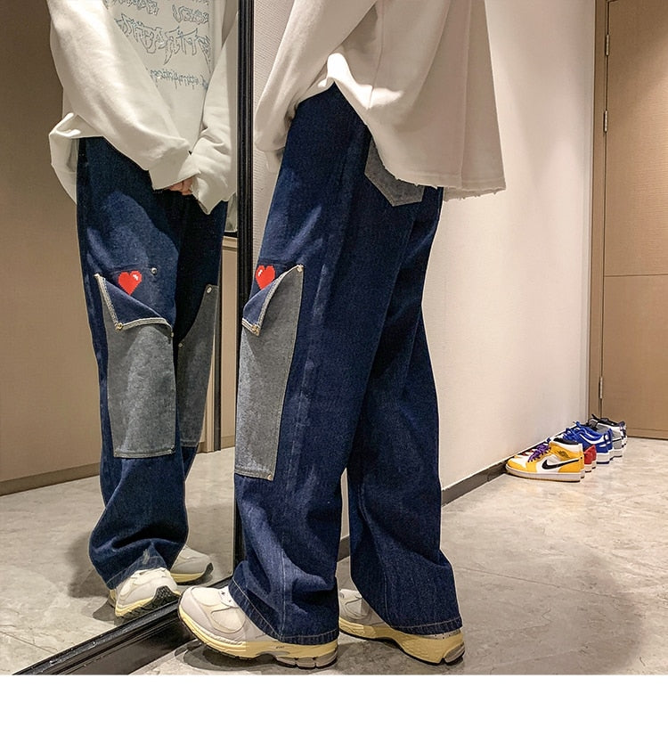 sanyamk Men Jeans Hip Hop Patchwork Oversized Straight Jean Pants Mens Red Heart Print jeans Top Quality Streetwear Denim Pants