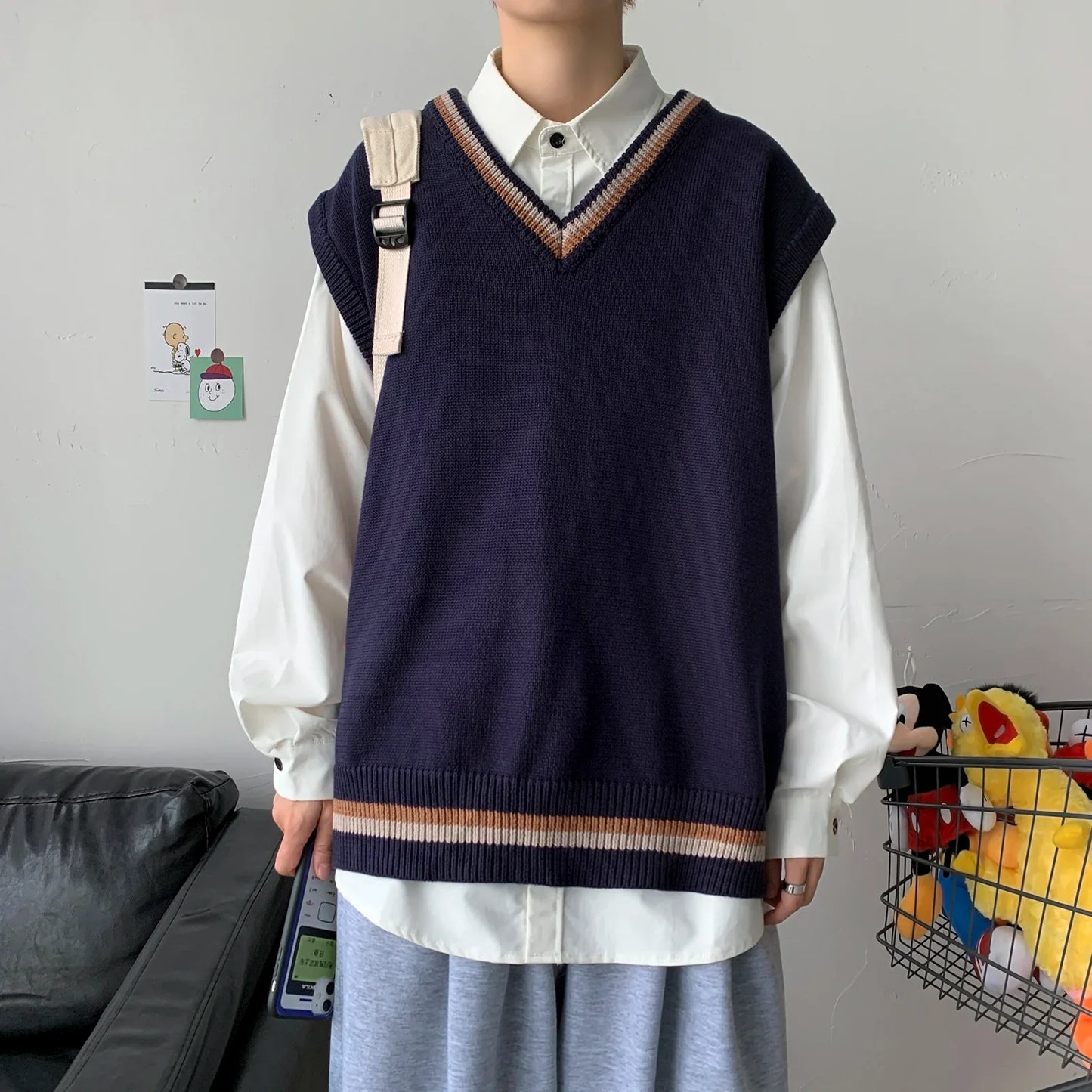 Bonsir - men's autumn and winter Hong Kong style knitted cardigan V-neck sweater vest vest couple JKDK college style uniform