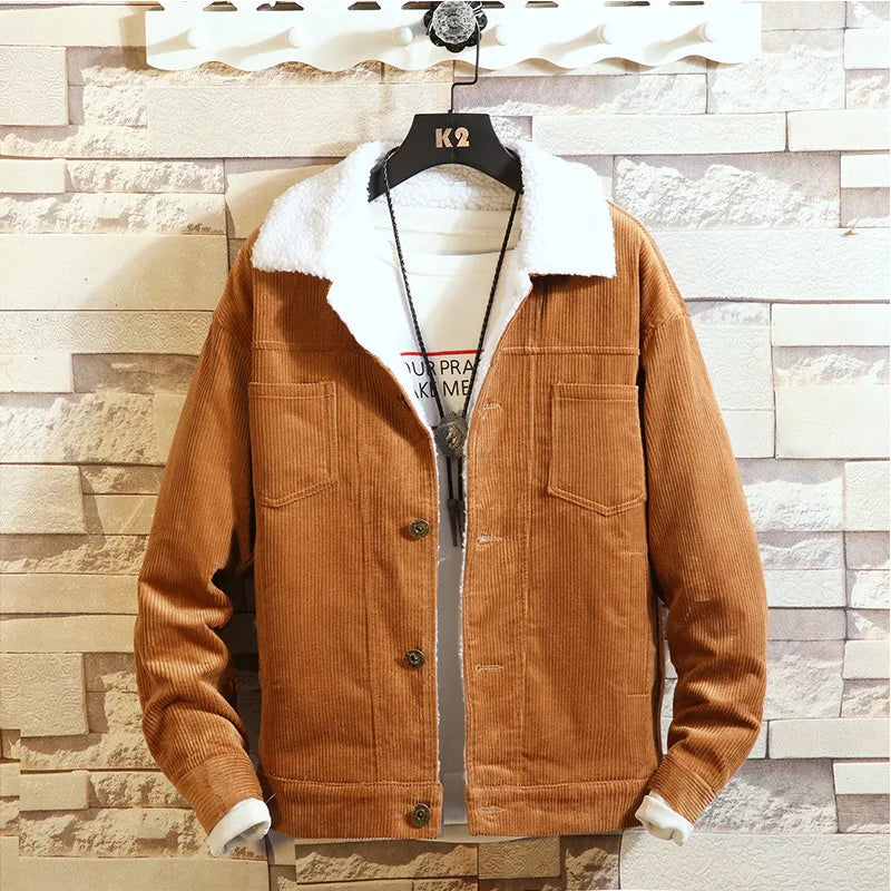 sanyamk - Autumn Winter Men's Lapel Jacket Solid Single Breasted Plus Velvet Thick Warm Wind-proof Casual Fashion Male Quality Cardigan