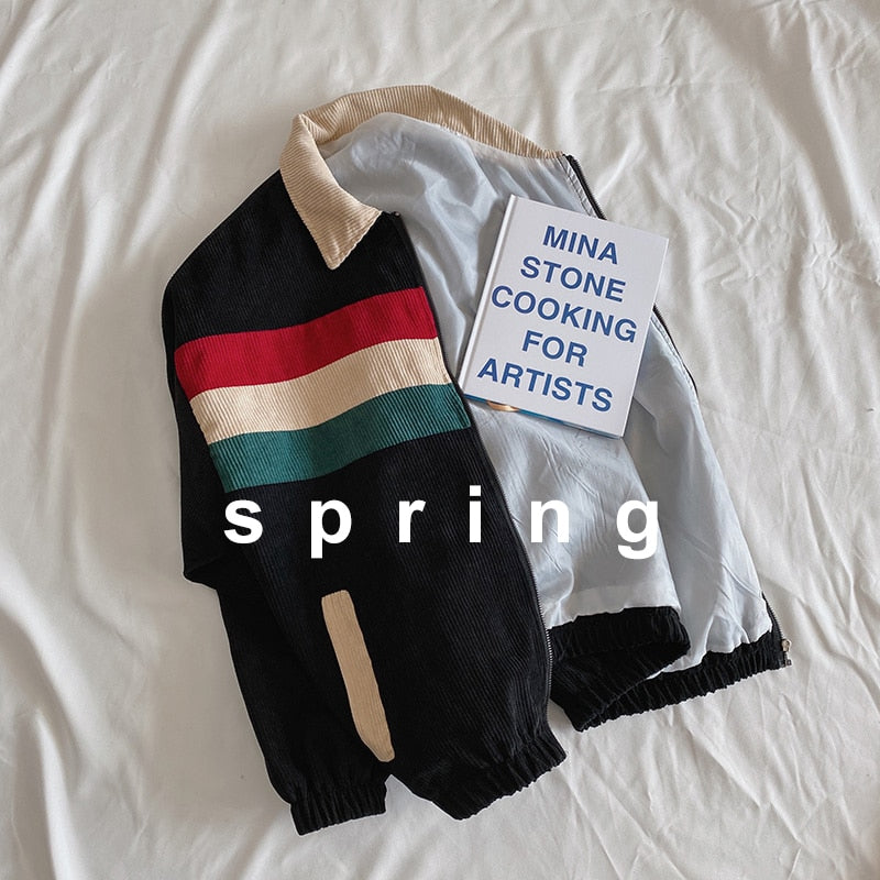 Bonsir Corduroy Jacket Men's Fashion Contrast Color Casual Jackets Mens Streetwear Wild Loose Hip Hop Bomber Jacket Men M-2XL