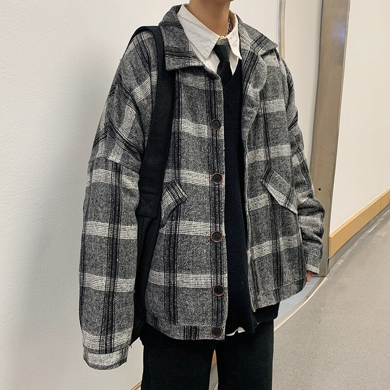 Bonsir Winter Woolen Coat Men Warm Overcoat Fashion Retro Hit Color Tartan Woolen Jacket Men Streetwear Loose Short Woolen Jacket Man