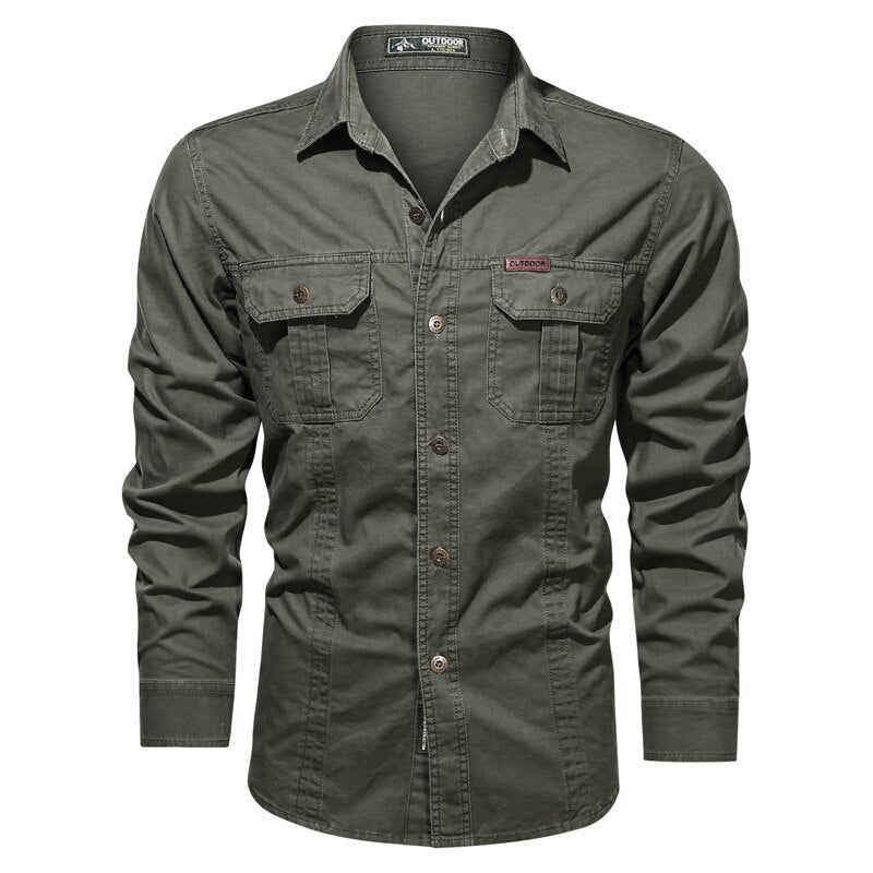 sanyamk Autumn Men Washing Shirts Military Style Casual Cargo Cotton Chic Pocket Tracksuit Simple Solid Color Long Sleeve Clothing