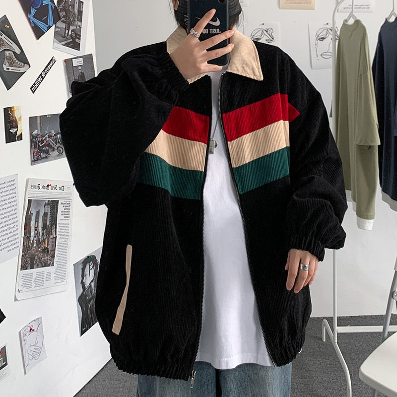 Bonsir Corduroy Jacket Men's Fashion Contrast Color Casual Jackets Mens Streetwear Wild Loose Hip Hop Bomber Jacket Men M-2XL