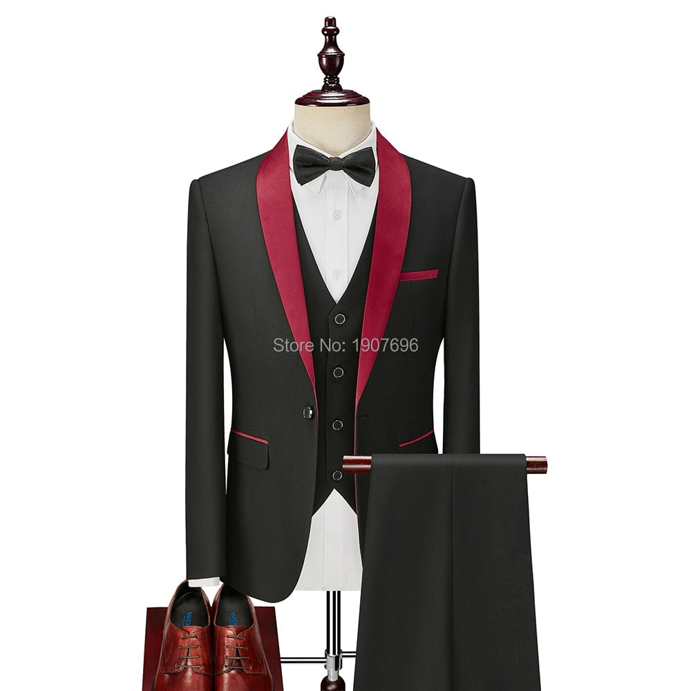 sanyamk 3 Piece Boyfriend Men Suits for Slim Fit Wedding Tuxedos Black Formal Groom Jacket Pants Vest Ready in Stock