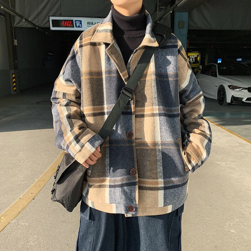 Bonsir Winter Woolen Coat Men Warm Overcoat Fashion Retro Hit Color Tartan Woolen Jacket Men Streetwear Loose Short Woolen Jacket Man