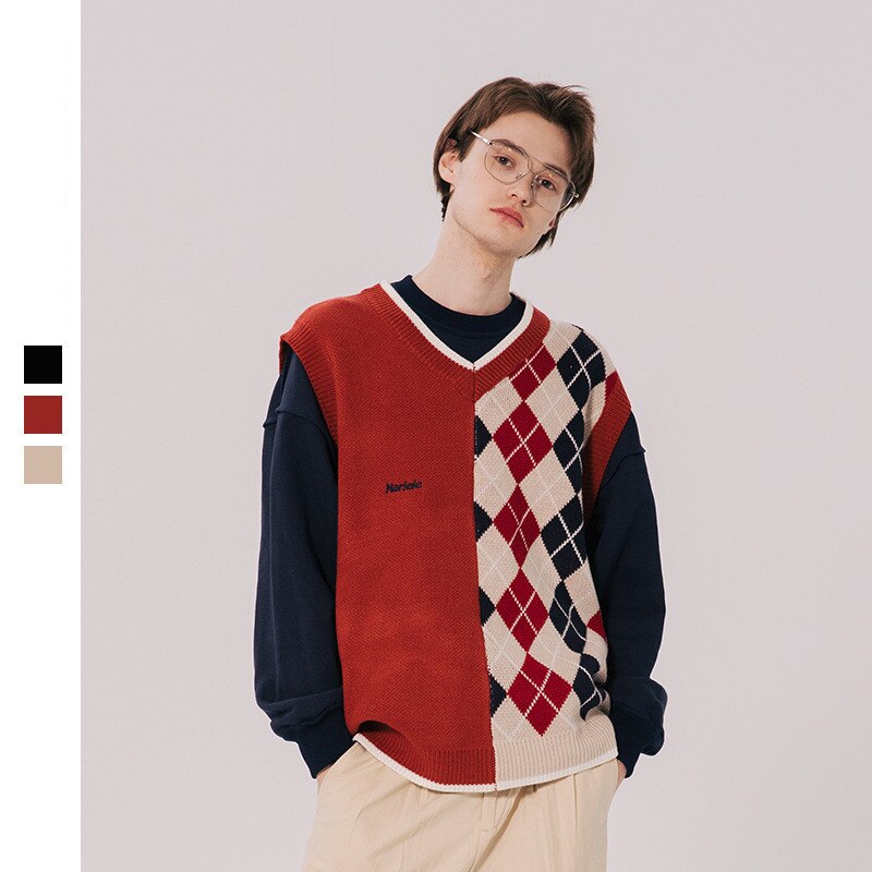 Bonsir Japanese Loose Couple Patchwork Argyle Sweater Vest Men's New Autumn Fashion Harajuku Letter Embroidery Man Pullover Vest