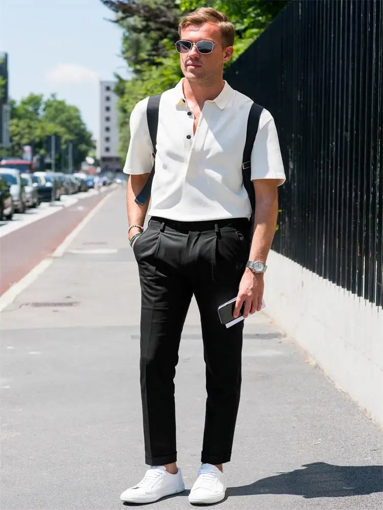 sanyamk - Men's casual pants 2021 spring and summer new Euro American Street Photo same single pleated hem pants slim