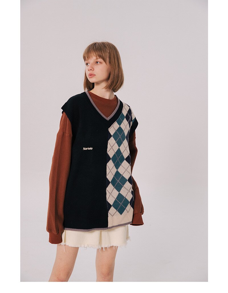 Bonsir Japanese Loose Couple Patchwork Argyle Sweater Vest Men's New Autumn Fashion Harajuku Letter Embroidery Man Pullover Vest