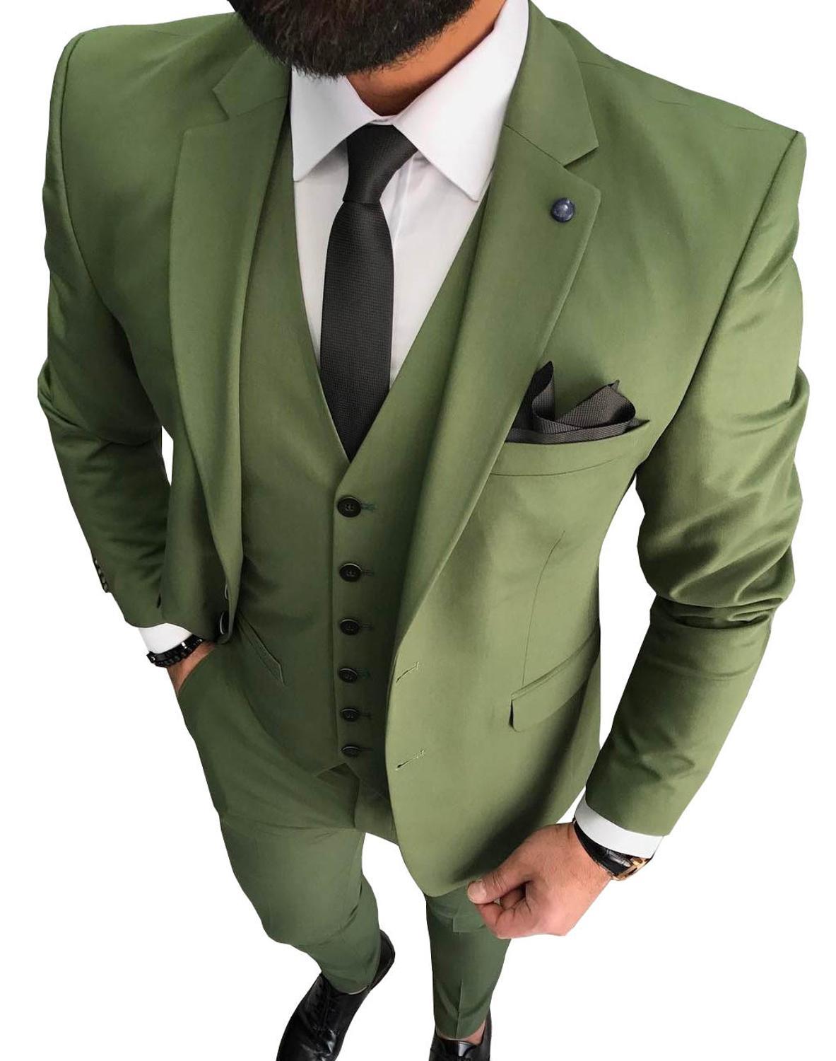 sanyamk Custom Made Men Suits Olive Green Groom Tuxedos Notch Lapel Groomsmen Wedding Best Man 3 Pieces ( Jacket+Pants+Vest+Tie ) C894