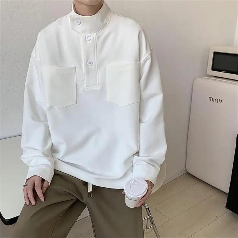 BONSIR - Small high neck Pullover Sweater men's autumn new pocket decoration Korean trendy men's loose coat youth top
