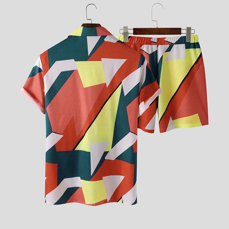 sanyamk trendy mens fashion mens summer outfits dope outfits mens street style mens spring fashion aesthetic outfits Printed Men Sets Streetwear Short Sleeve Lapel Shirt Casual Short Fashion Beach Men Hawaiian Suit 2 Pieces INCERUN 7