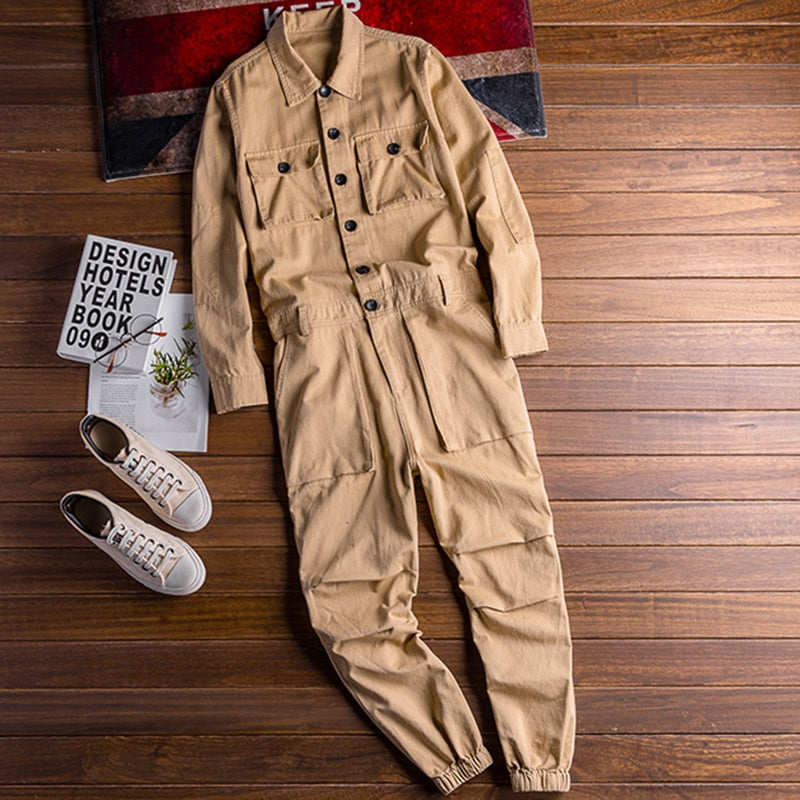 sanyamk Men's long sleeve pockets cargo joggers jumpsuits Casual overalls coveralls Costume pants Black Army green Khaki