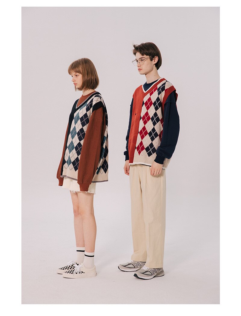 Bonsir Japanese Loose Couple Patchwork Argyle Sweater Vest Men's New Autumn Fashion Harajuku Letter Embroidery Man Pullover Vest